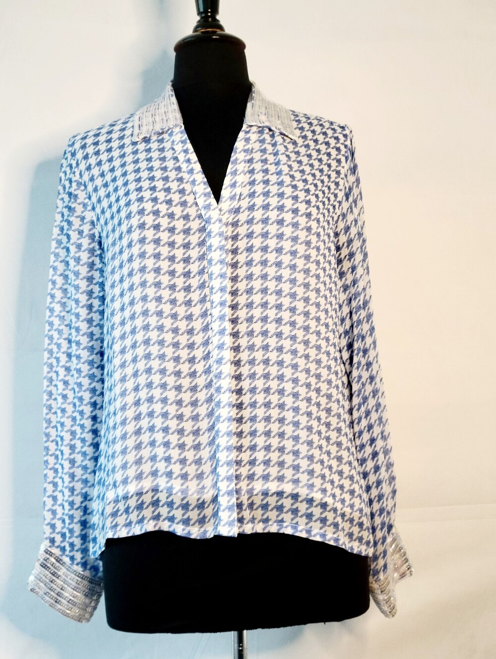 ASbyDF Blue And White Button Down Blouse With Silver Sequin Embellishment